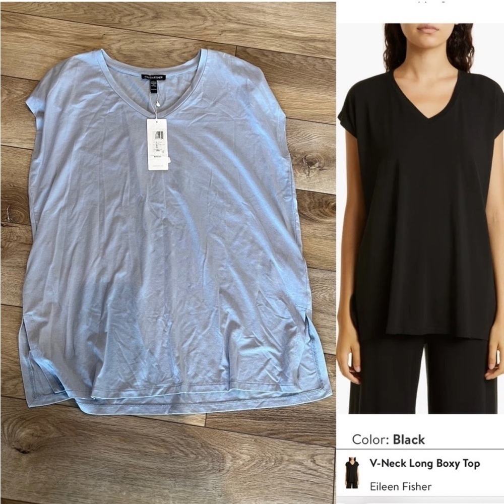 NWT Eileen Fisher Size XS Blue Dolphin V-Neck Long Boxy Short Sleeve Top Tencel